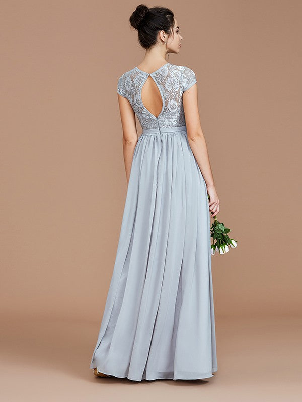 Wholesale A-Line/Princess Jewel Short Sleeves Lace Floor-Length Chiffon Bridesmaid Dresses